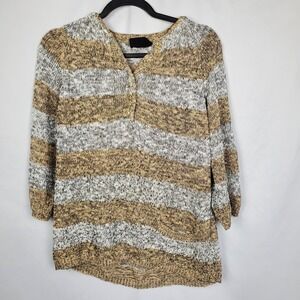 Nuggets Womens Knit Sweater Large‎ White Brown Striped Button 3/4 Sleeve